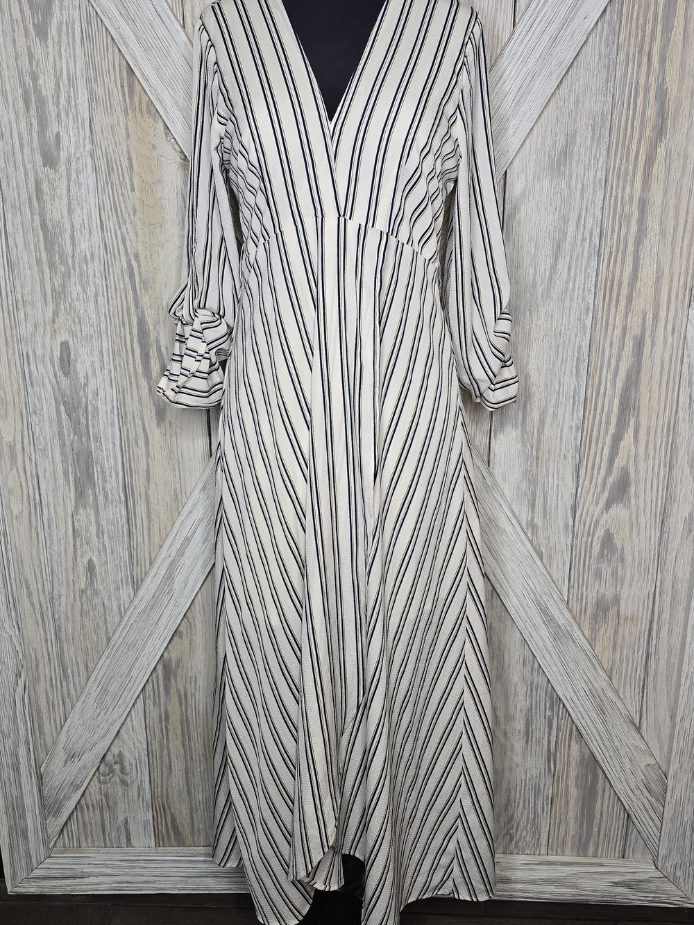 FAVLUX Black White Striped Long Sleeve High-Low Midi Dress Size L